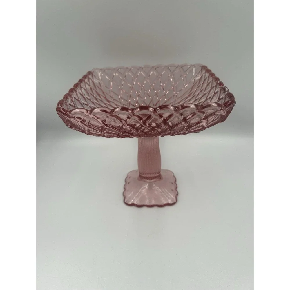 Pink Glass Square Pedestal Compote Dish, Diamond Pattern, 8 in x 8 in